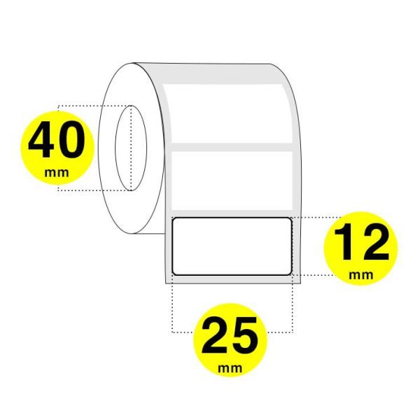 etichette adesive larghezza 25 mm e altezza di 12 mm con anima 40 mm- il rotolo contiene 2800 etichette e ci sono 6 rotoli per confezione.- il prezzo si riferisce alla confezione.