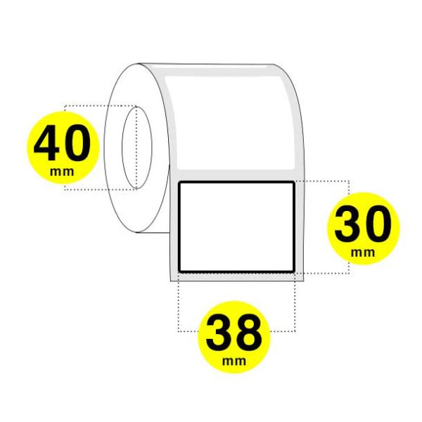 Rotolo etichette adesive formato 38x30 con anima 40 mm - la confezione contiene12 rotoli da 1300 etichette - il prezzo si riferisce alla confezione.
