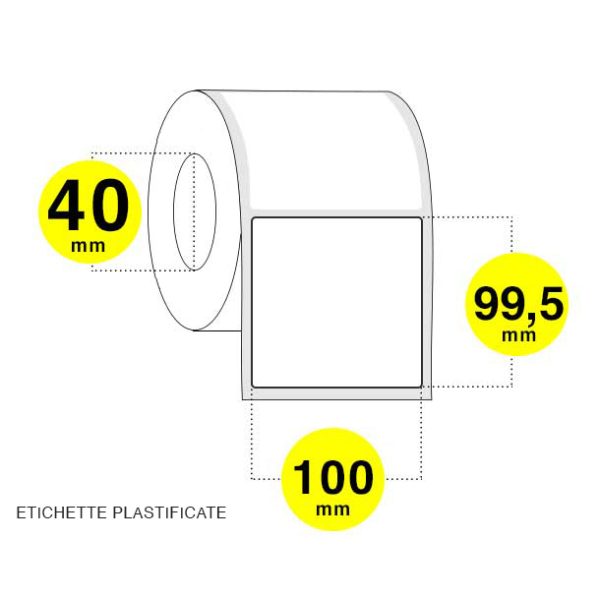 Etichette adesive 100x99 mm -polipropilene bianco anima 40 . confezione da 6 rotoli x 300 etichette.