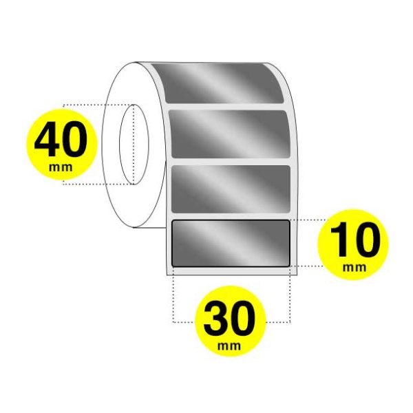 Etichette poliestere argentato 30x10 mm. - rotolo da 2500 etichette con anima da 40 mm.