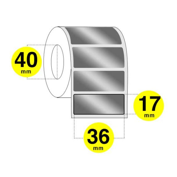 Rotolo etichette argentate adesive 36x17 mm in poliestere