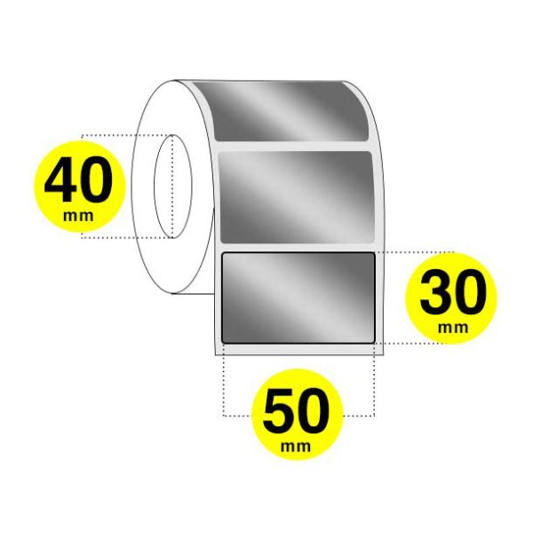 Etichette inventario in poliestere argento larghezza 50 mm - altezza 30 mm - rotolo da 1300 etichette anima 40 mm - confezione da 6 rotoli.