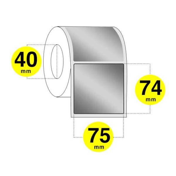 Etichette poliestere argento larghezza 75 mm - altezza 74 mm - rotolo da 550 etichette anima 40 mm - confezione da 6 rotoli.